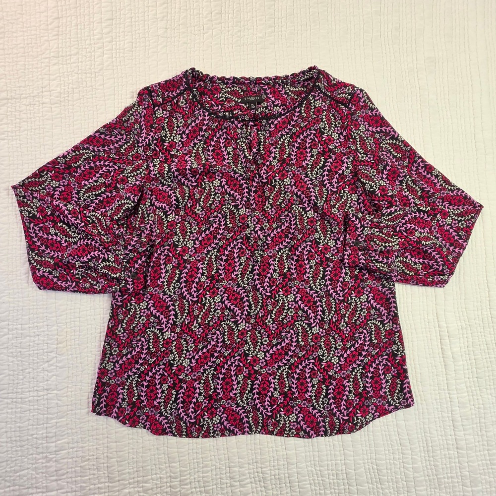 Talbots Petites Pink Floral Vine Split Neck Top MP Magenta Black Lace Trim